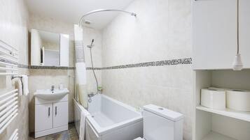 Hair dryer, towels, soap, shampoo