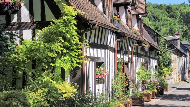 A row of traditional half-timbered houses with visible wooden beams and white plaster walls, lined with potted plants and flowers.