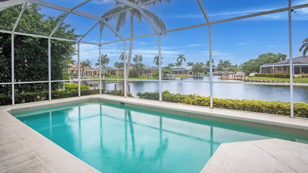 A swimming pool with a view of a lake and palm trees.