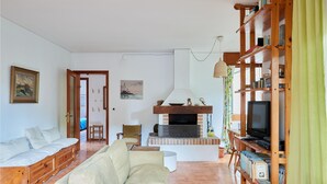 Un salon confortable avec une cheminée, un canapé, un téléviseur et une bibliothèque.