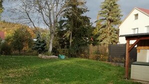 Un patio trasero con césped, piedras para pisar, un árbol y una casa.