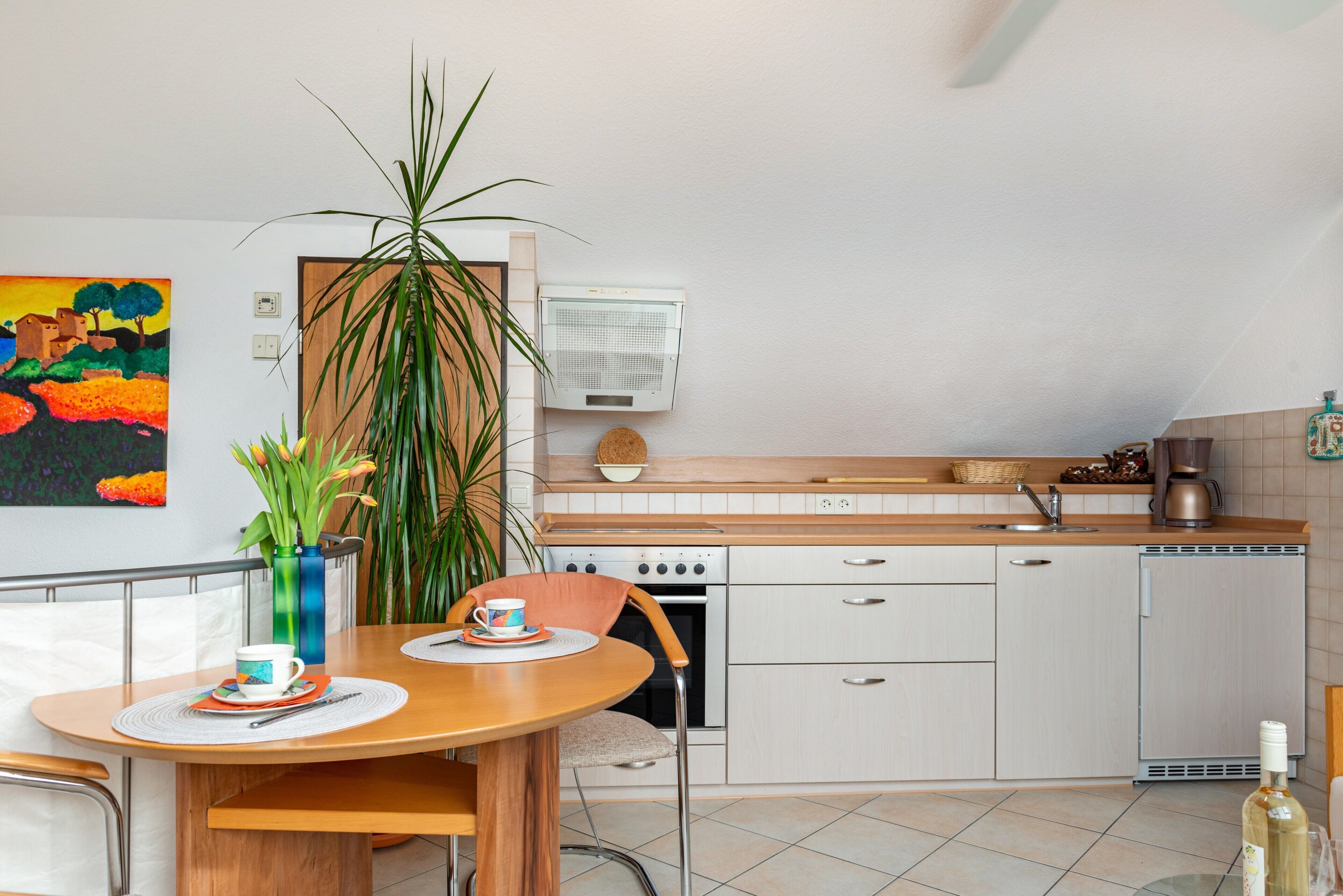 Een koelkast, een oven, een kookplaat, een koffiezetapparaat/waterkoker