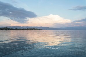 A calm body of water with a distant shoreline, overcast sky, and mountains in the background.
