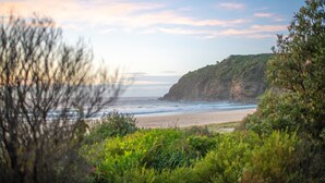 Eine Küstenlandschaft mit Strand, Klippen und Vegetation.