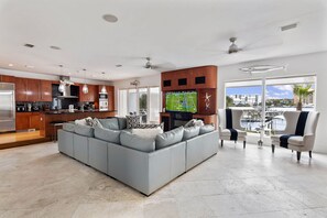 TV, fireplace, books