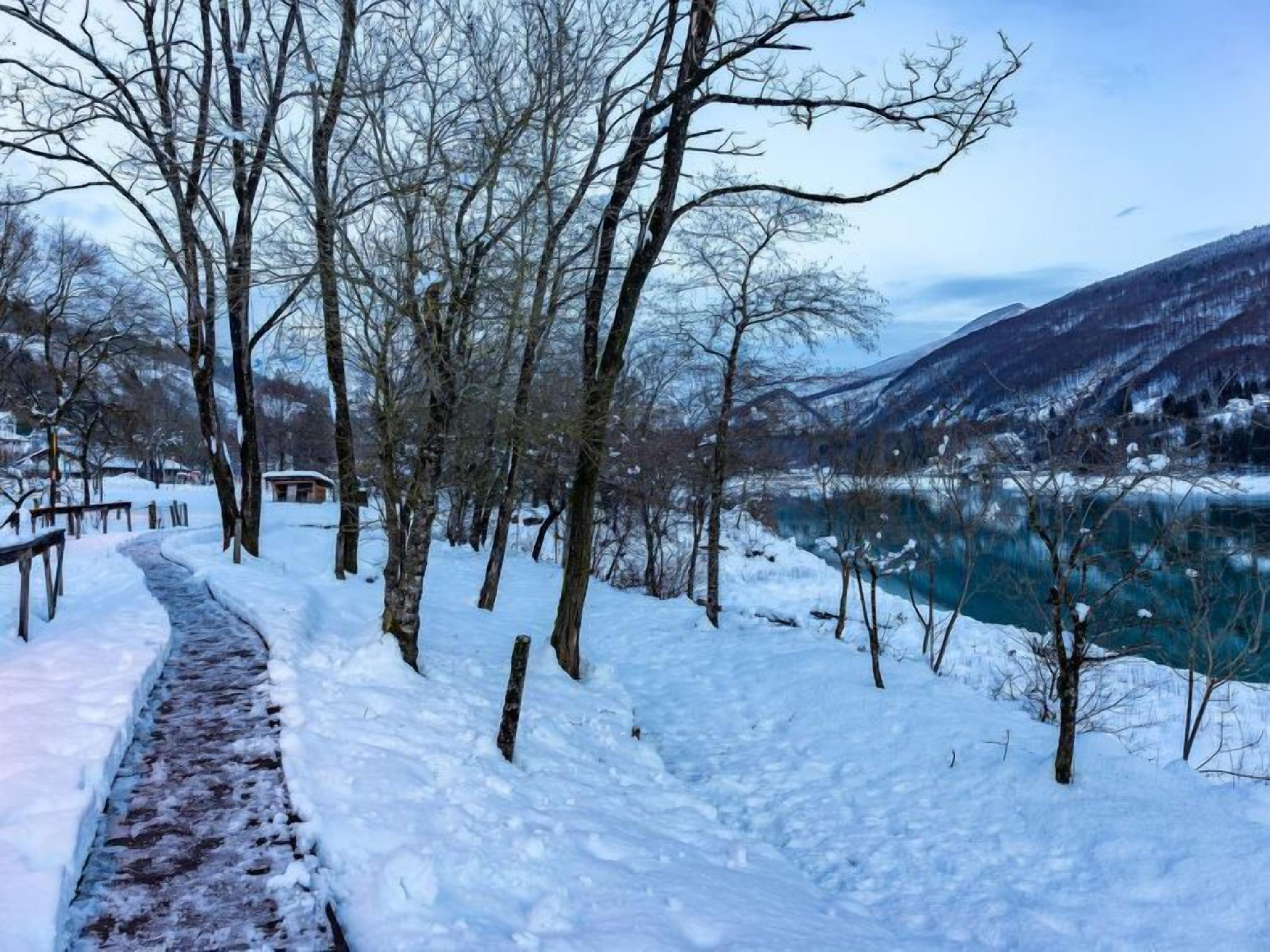 A snow-covered path leading to a cabin by a lake with mountains in the background.