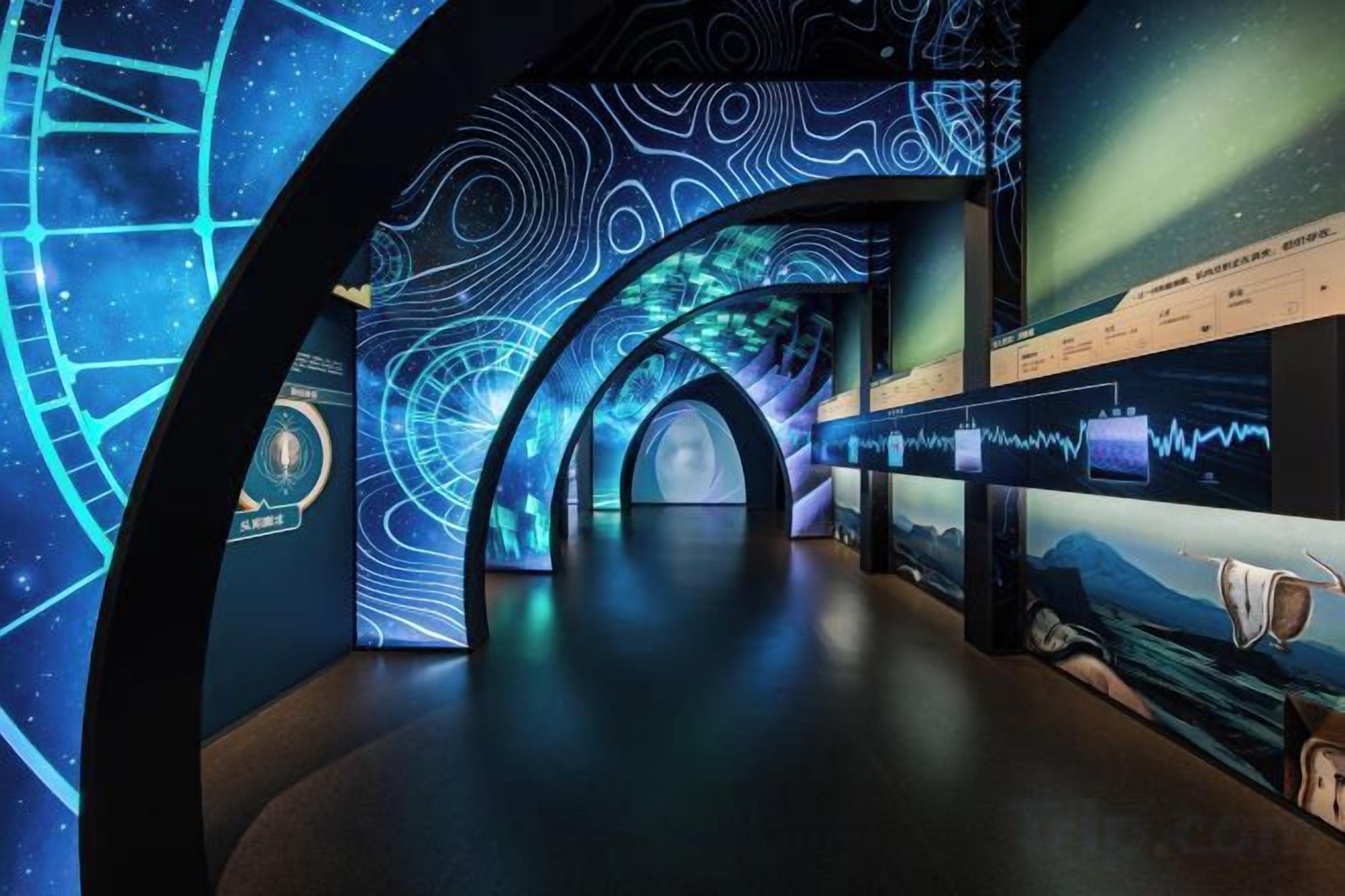 A corridor with digital displays and a starry ceiling design.
