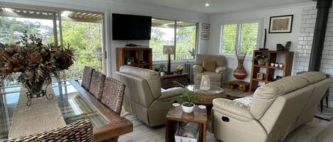 Smart TV, caminetto, libri