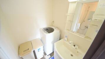 A compact bathroom with a washing machine, a small trash bin, and a sink with a mirror.