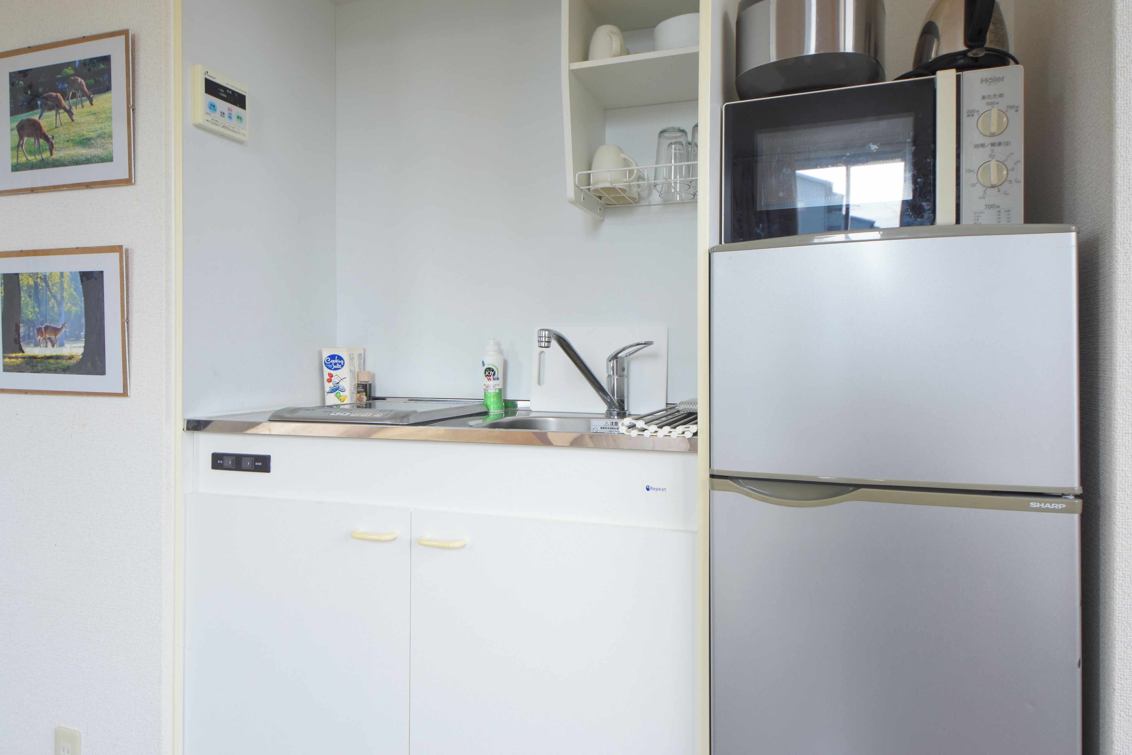 Habitación cuádruple básica, 2 camas matrimoniales, para no fumadores, mezzanine | Cocina privada | Frigobar, microondas, parrilla de estufa y tetera eléctrica 