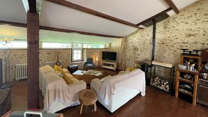 A cozy living room with a sofa set, a television, and a fireplace. - Charming 4* gite swimming pool and spa  (Le Fossat)