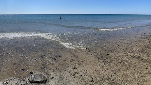 Ein Strand mit Kiesufer und ruhigem Wasser.
