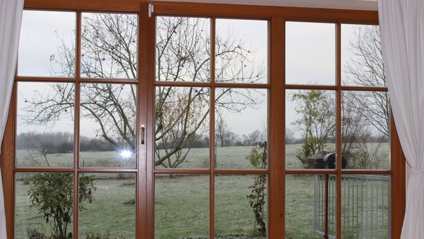 A large window with multiple panes, offering a view of a grassy field and trees. - Place in the sun (Gräfenberg)