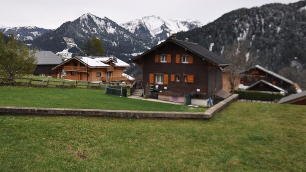 A wooden cabin with a sloped roof, surrounded by a grassy area and mountains in the background. - Apartment with terrace, ski locker and covered parking (Châtel)