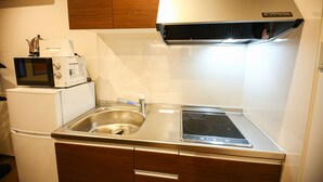 Uma cozinha compacta com uma pia de aço inoxidável, micro-ondas e uma placa de indução.