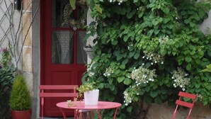 Una puerta roja, una mesa redonda pequeña con una planta en maceta y dos sillas rojas en un jardín.
