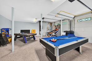 A recreational room with a pool table, a foosball table, and a ping pong table. - Sleeps 20 | Grand Mountain Lodge • Hot Tub + Sauna + Views | Mountain View Lodge (Asheville)