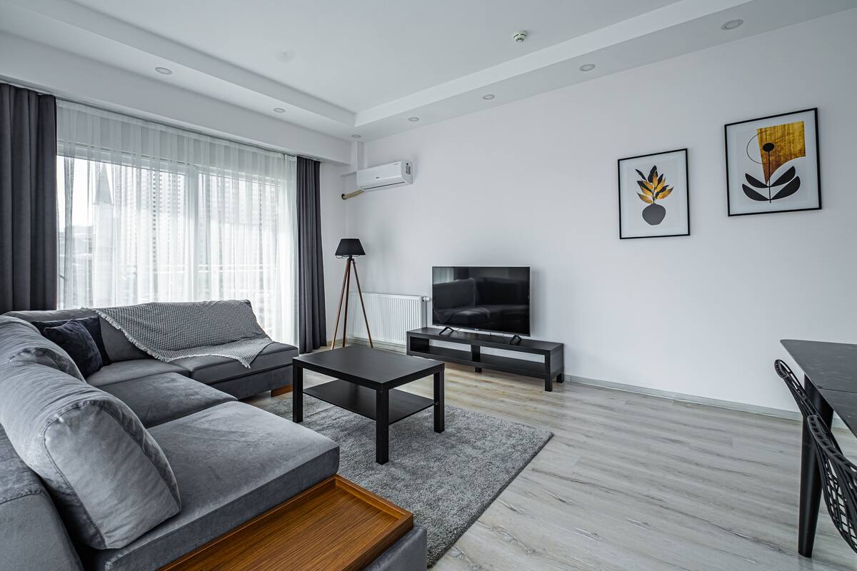 A modern living room with a grey sectional sofa, a black coffee table, a TV on a black stand, and two framed artworks on the wall.