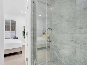 Hair dryer, towels, shampoo