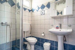 A bathroom with a toilet, sink, shower, and a mirror.