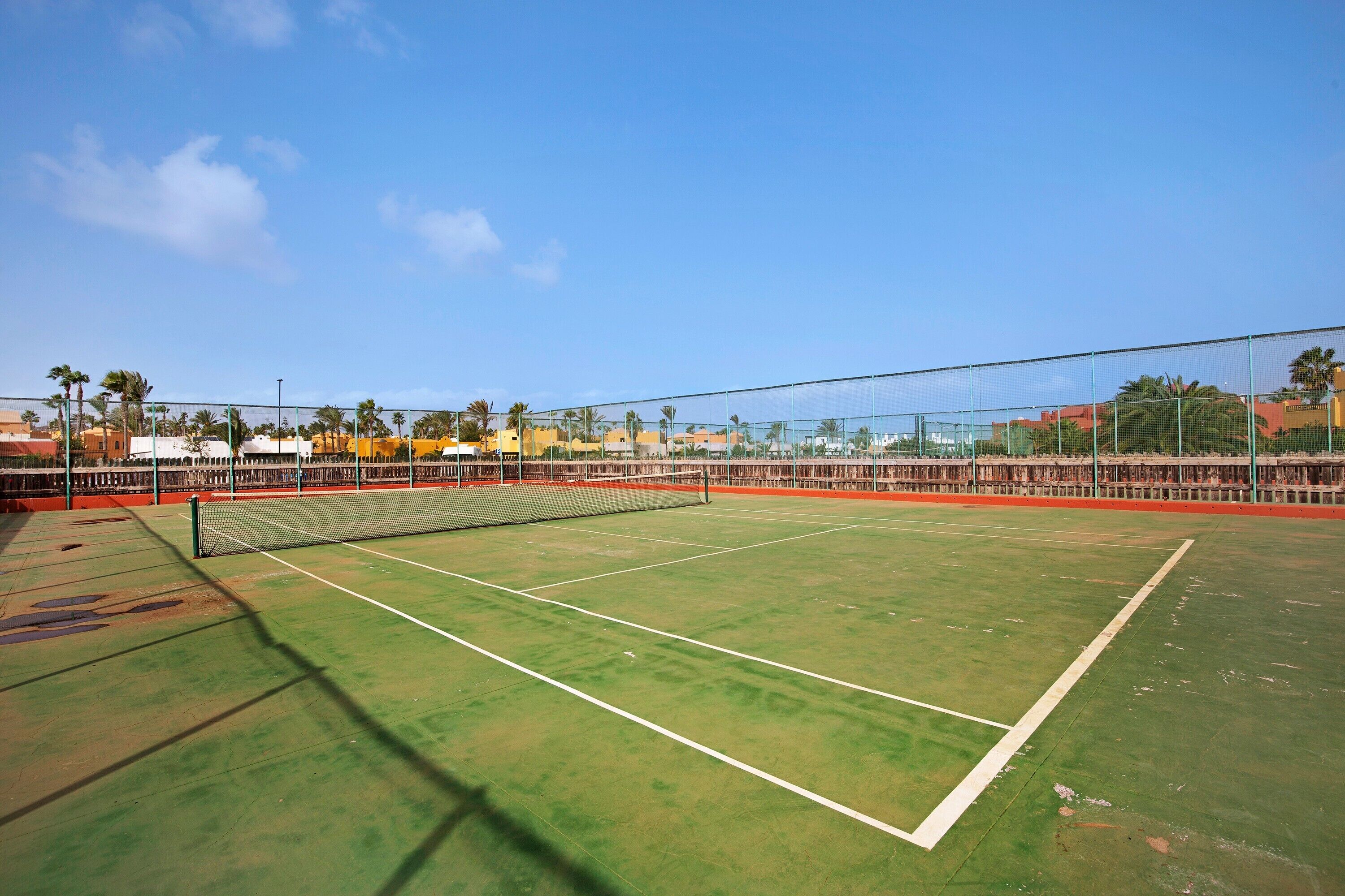 Cancha de tenis exterior con red, rodeada por una valla y palmeras.