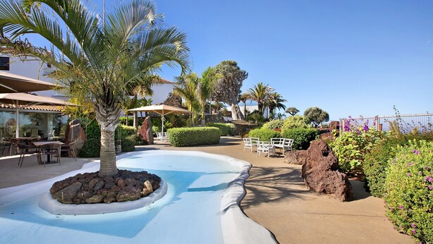 A pool area with palm trees, a rock formation, and outdoor seating.