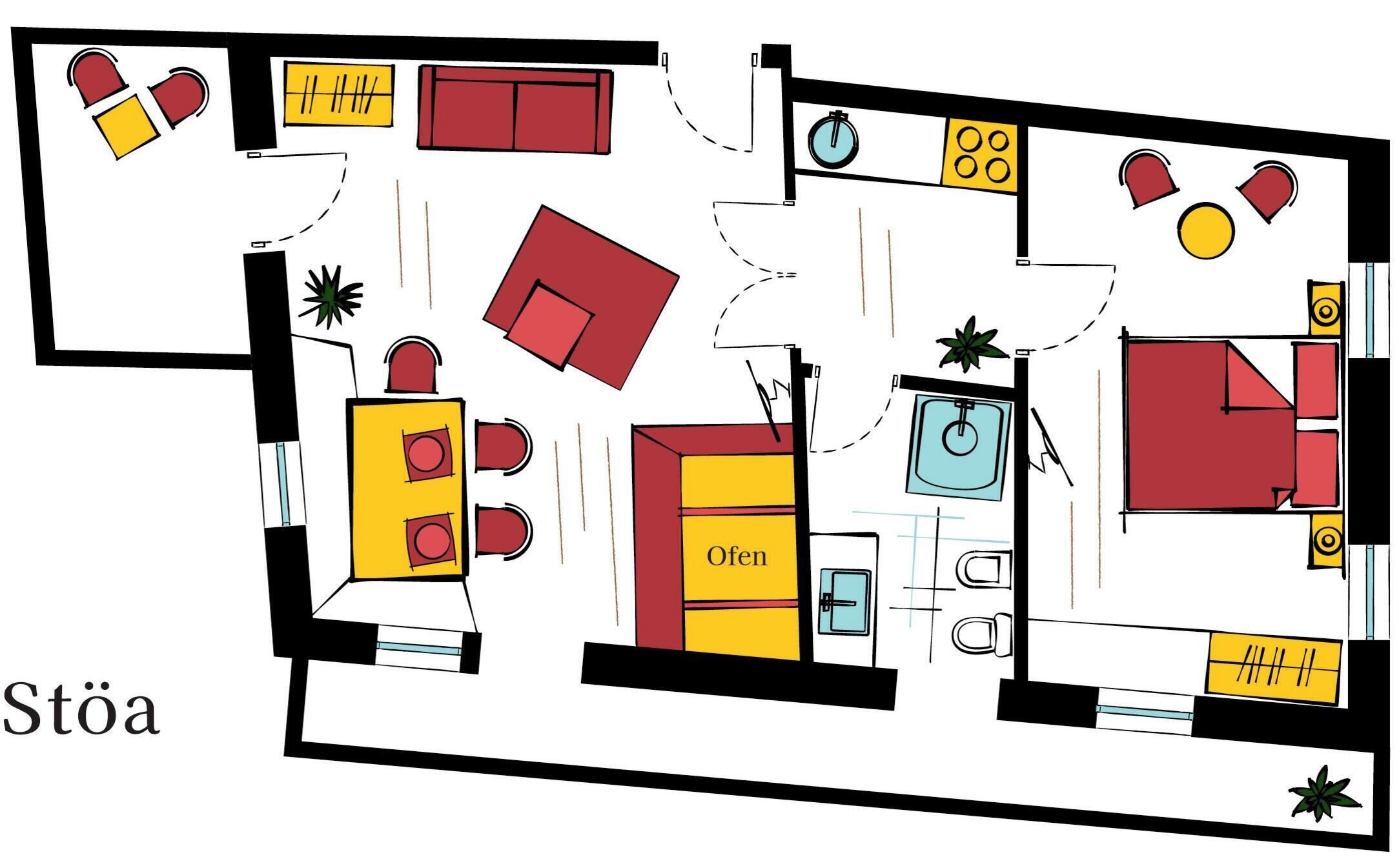 Een plattegrond van een hotelkamer met een keuken, eethoek en meerdere slaapkamers.