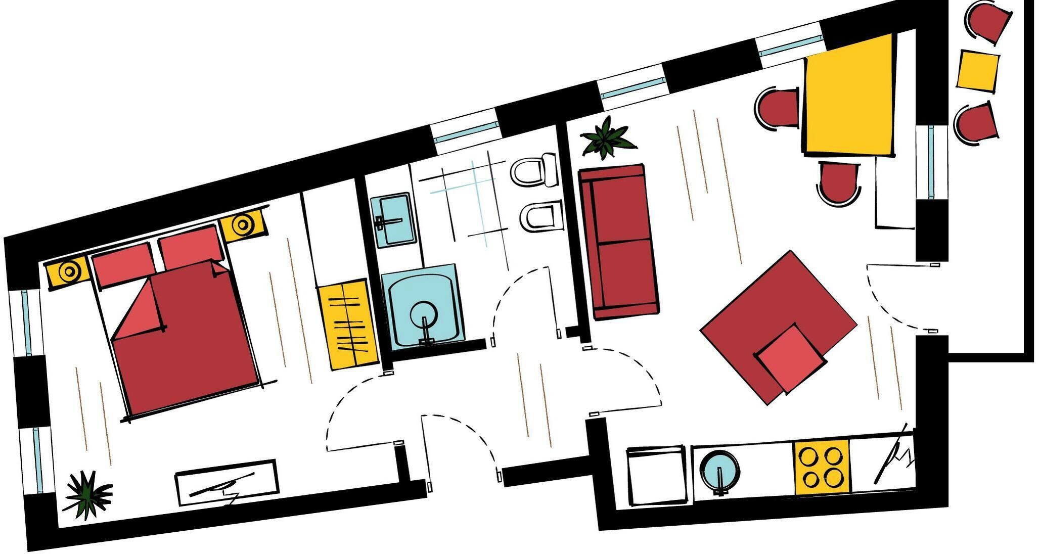 Plano de planta que muestra una cocina, comedor y dos dormitorios.