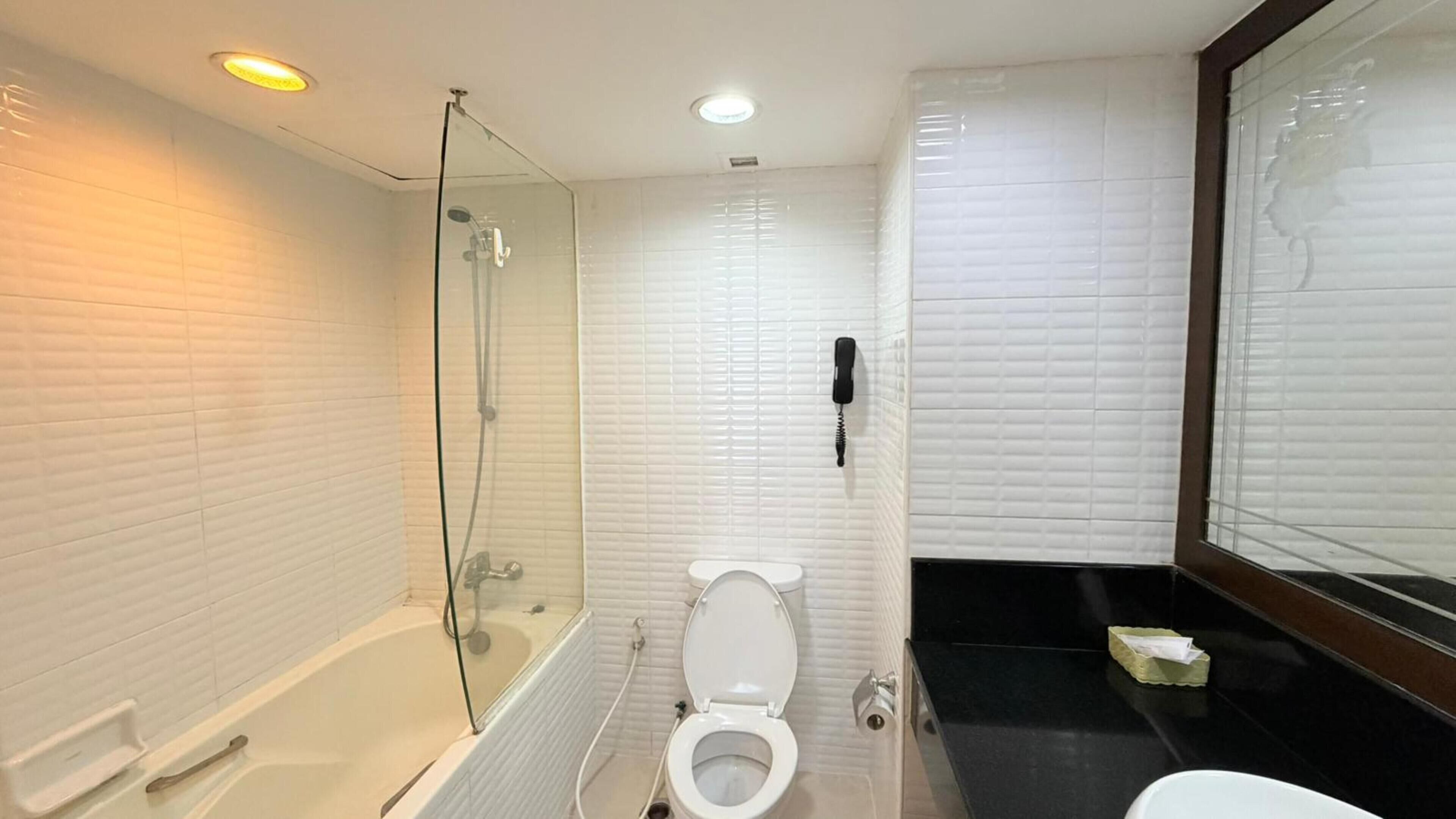 Un baño moderno con ducha de vidrio, inodoro blanco y lavamanos negro.