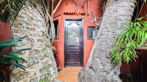 Un étroit sentier mène à une porte dotée d’une fenêtre, bordée de murs en pierre et d’un arbre.