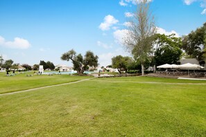 A grassy park area with picnic tables and umbrellas, surrounded by trees and buildings.