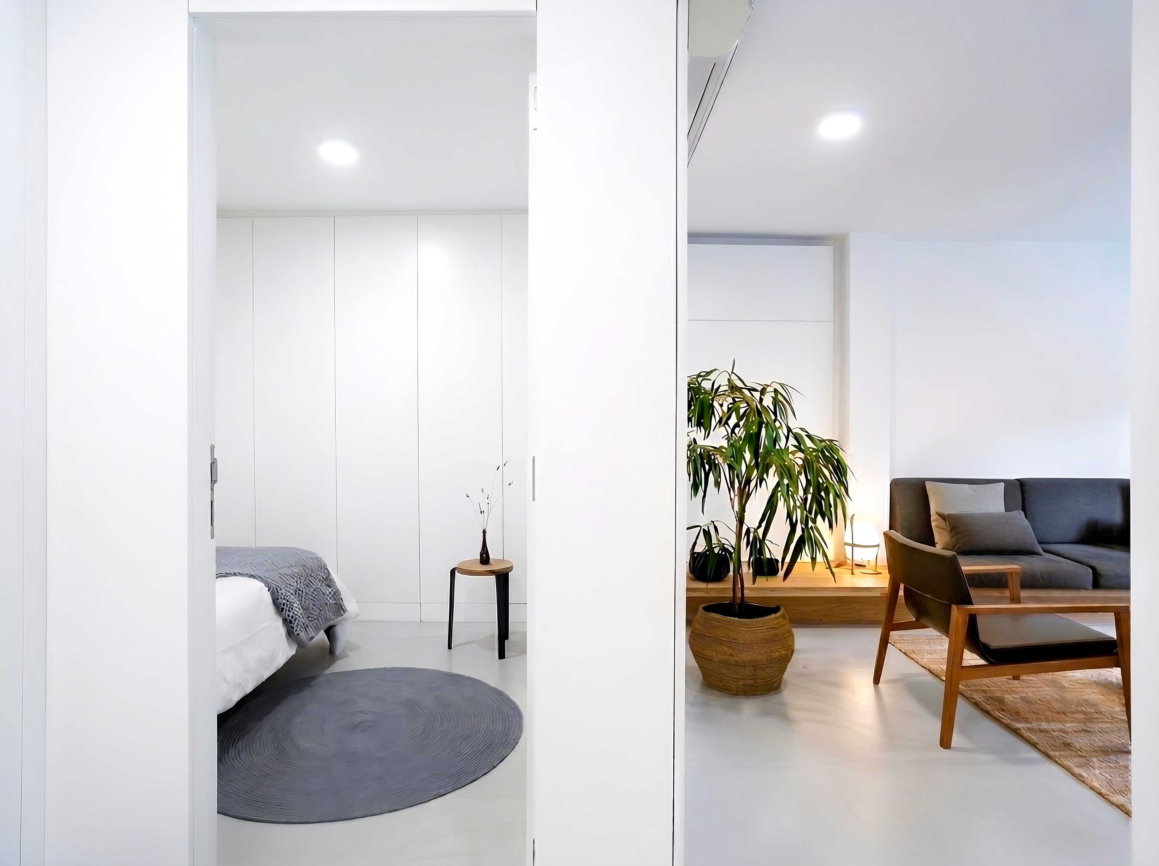 Une chambre à coucher moderne avec un lit, une table de chevet et une plante en pot.