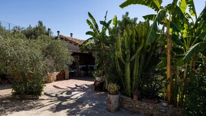 A courtyard with a stone wall, potted plants, and a building with a tiled roof. - Villa 'Il Melograno' with Private Terrace,  Jacuzzi, Wi-Fi and Air Conditioning (Menfi)