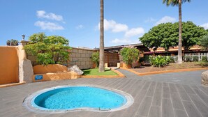 Una piscina con borde de baldosas, rodeada de palmeras y un muro de ladrillo.