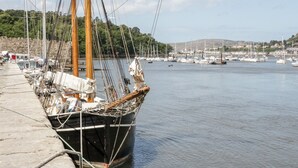A docked sailboat at a marina with multiple boats and a backdrop of hills and buildings. - Gwern Borter Manor (Conwy)