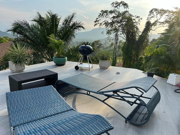 Une terrasse sur le toit, aménagée avec du mobilier d’extérieur, un barbecue et des plantes en pot.