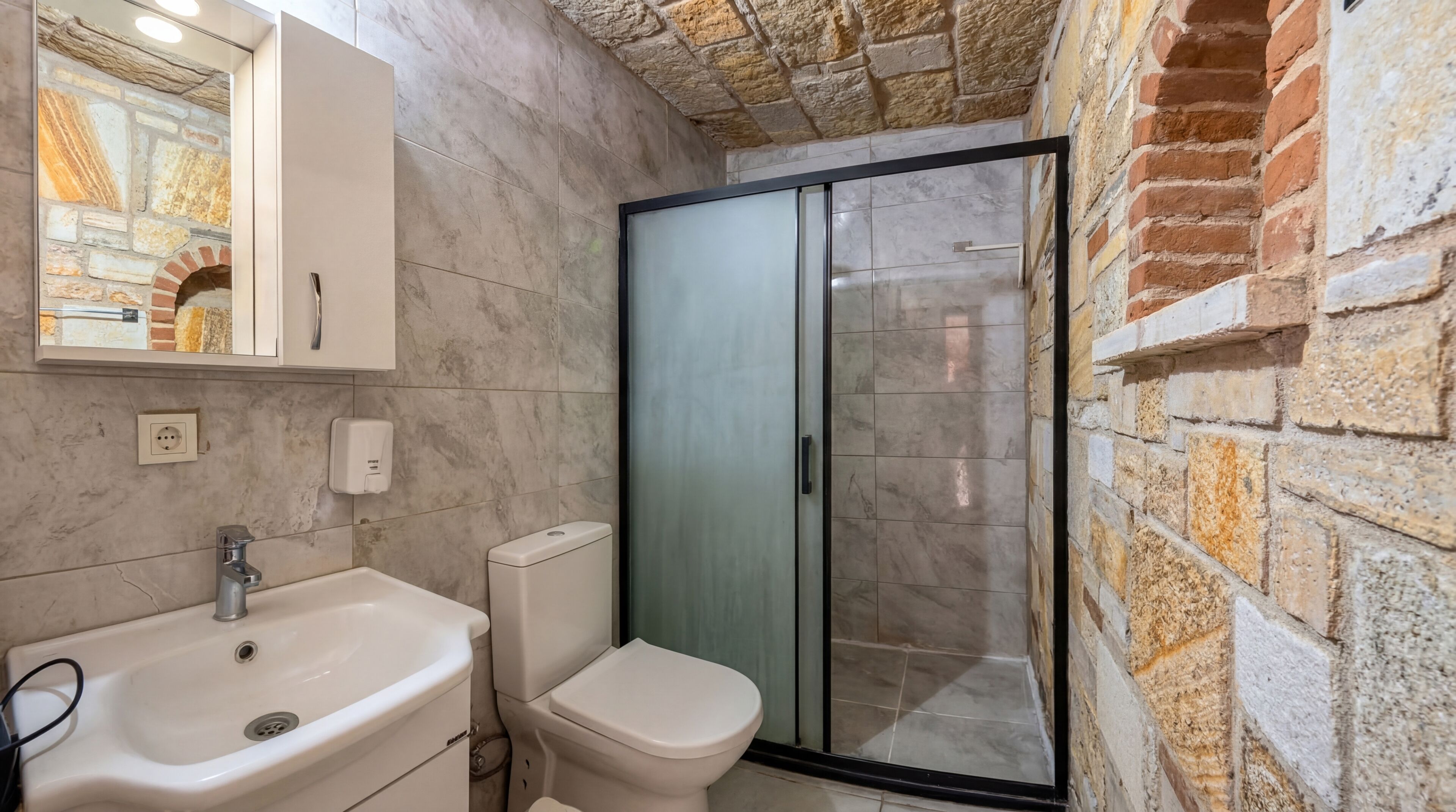 Une salle de bain équipée d’un lavabo, de toilettes et d’une douche à parois en verre.