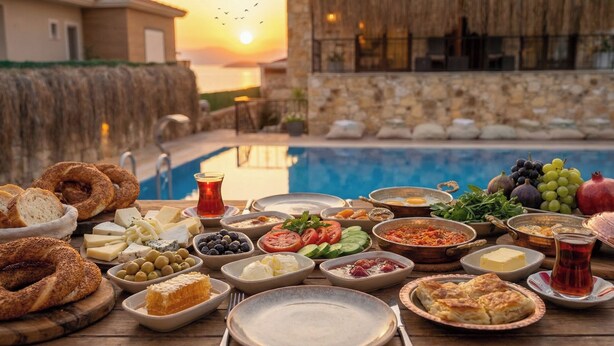 A table with various food items and a pool in the background. - Stone House Foca Butik Otel (Foça)