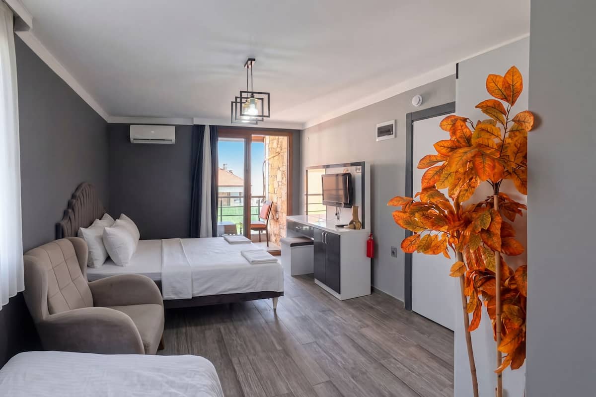 A hotel room with a bed, two chairs, a desk, a TV, and a balcony with a view.