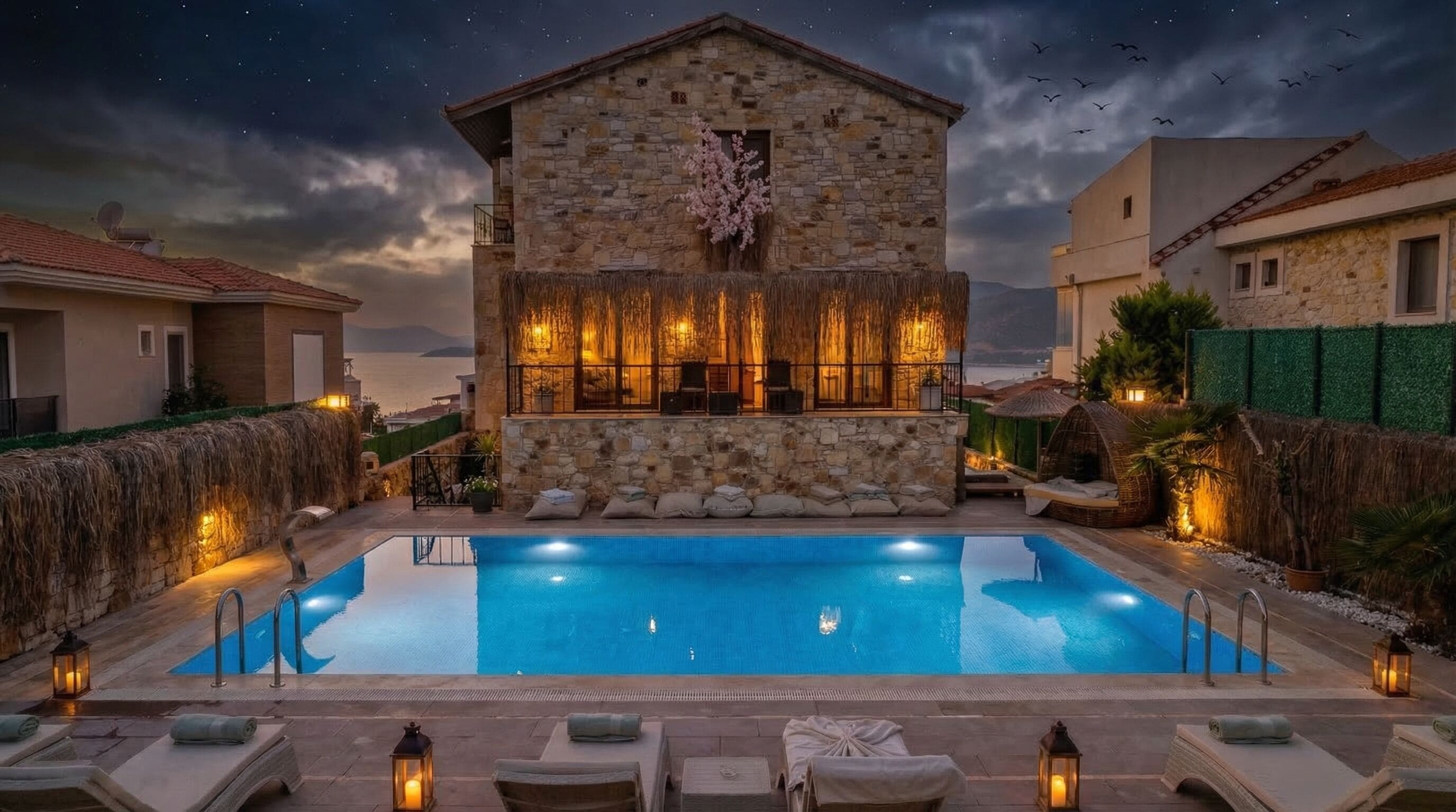 A stone building with a pool, lounge chairs, and lanterns.