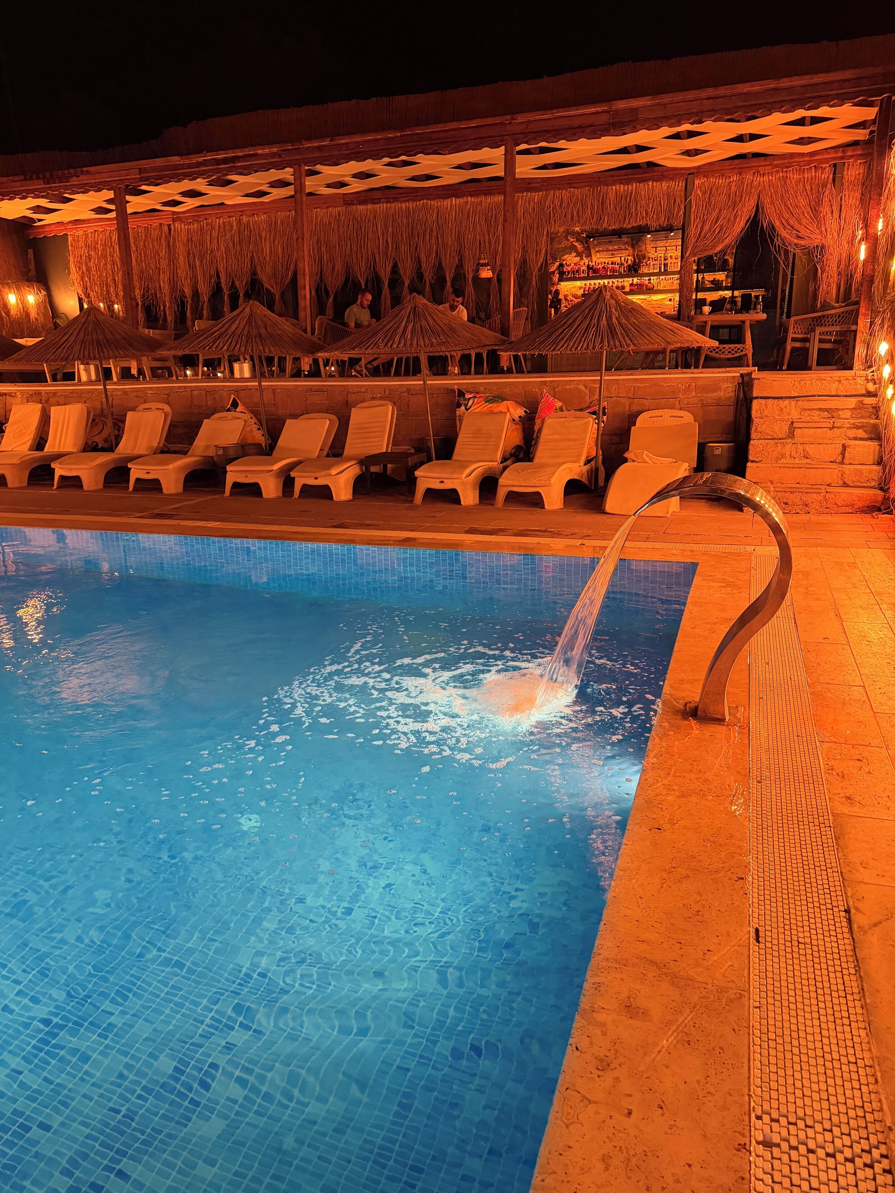 Une piscine avec des chaises longues et une structure surmontée d’un toit de chaume.