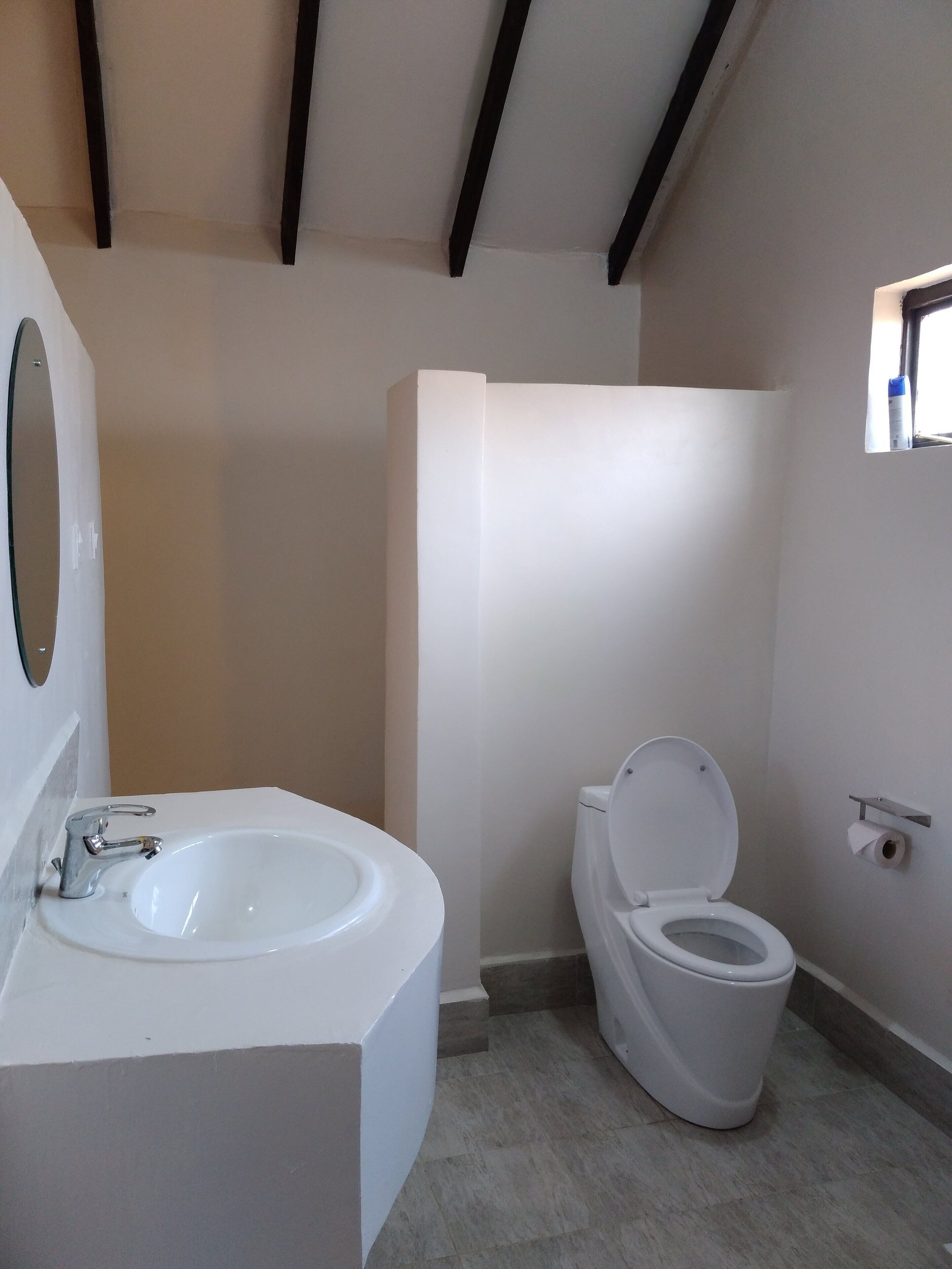 A bathroom with a white sink, a toilet, and a mirror.