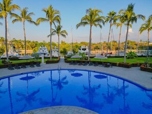 A swimming pool surrounded by palm trees and lounge chairs.