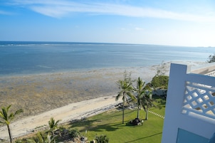 Vista costera con playa arenosa, palmeras y cielo despejado.