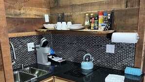 A compact kitchen with a black tiled backsplash, stainless steel sink, wooden cabinets, and a compact dishwasher. - COZY RIVER FRONT CABIN (Blue Ridge)