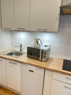 Kühlschrank, Mikrowelle, Herdplatte, Kochgeschirr/Geschirr/Besteck