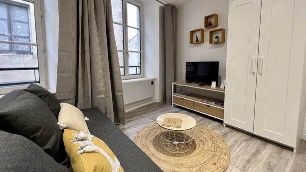 Un salon moderne avec un canapé, un téléviseur et des meubles de rangement.
