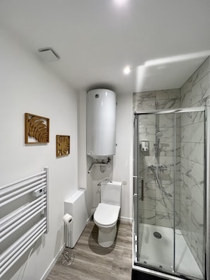 Hair dryer, towels, soap, shampoo