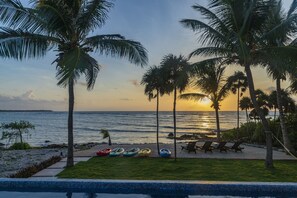 On the beach, sun loungers, beach towels