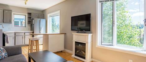 TV, fireplace, offices